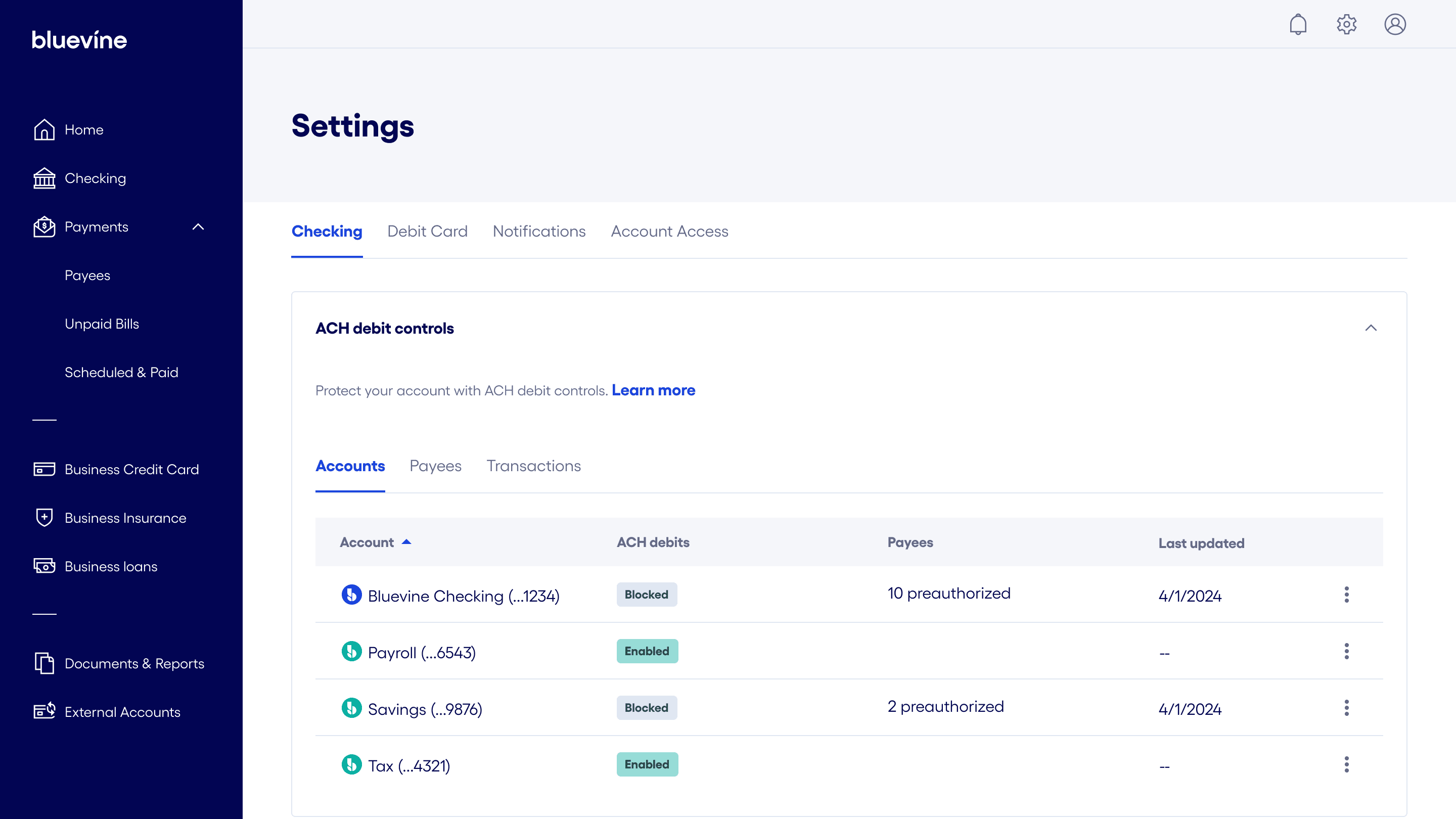 Screenshot of Fraud Controls for SMB Banking